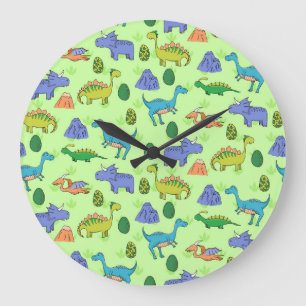 Grande Horloge Ronde Dinosaures mignons, Style Dessin Caricature.
