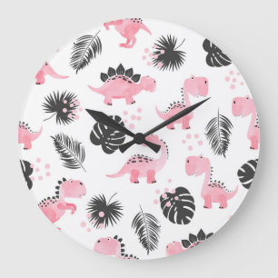 Grande Horloge Ronde Dinosaures roses : Motif Enfants mignons.
