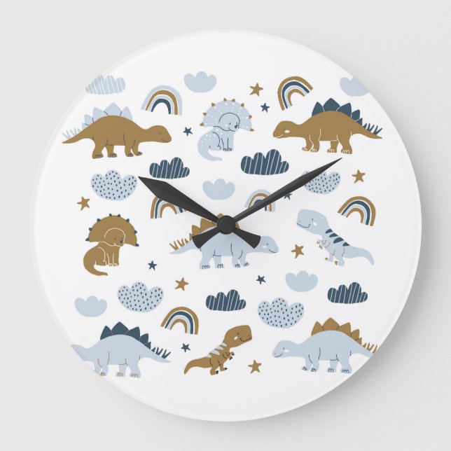 Grande Horloge Ronde dinosaures scandinaves, étoiles, arc-en-ciel illus (Recto)
