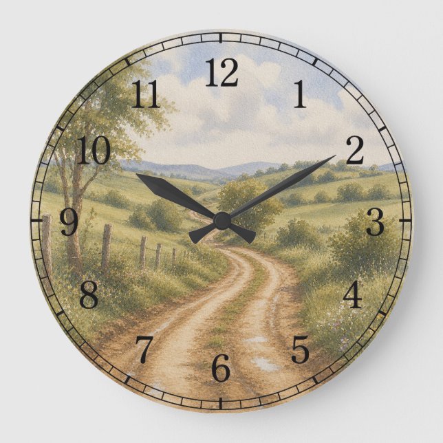 Grande Horloge Ronde Dirt Road Wall Clock — Rustic Landscape Design (Recto)