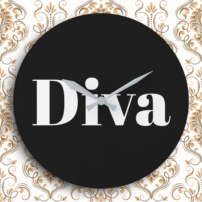 Grande Horloge Ronde Diva Opéra Chanteur Glam Musique Thème Noir Blanc (A stylish black wall clock featuring the word 'Diva' in large white lettering)