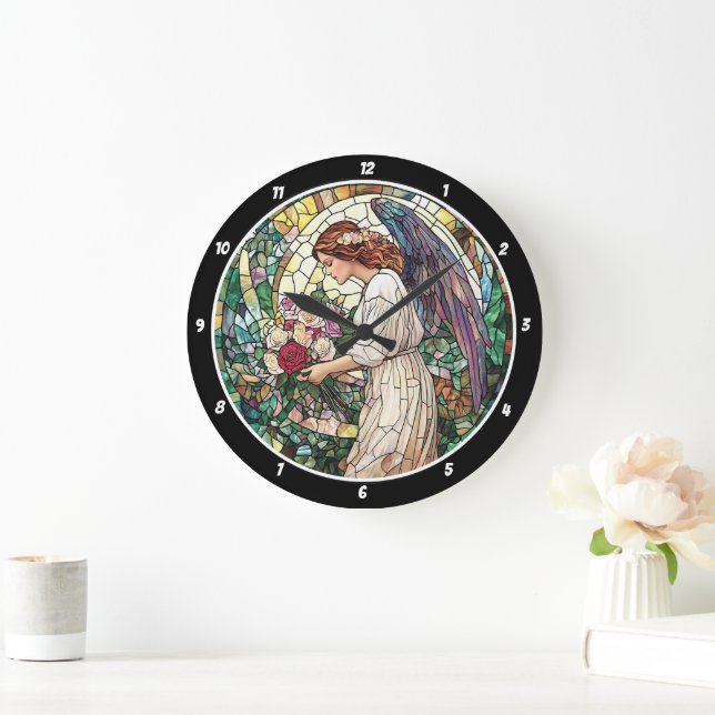 Grande Horloge Ronde Divine Rose Jardin Vitrail Angel Mur (Maison)