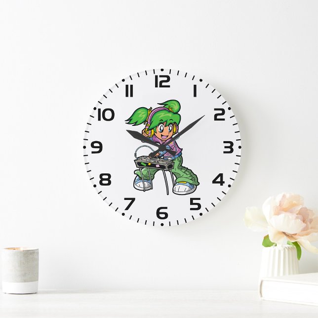 Grande Horloge Ronde DJ Girl avec cheveux verts et casques (Créateur téléchargé)
