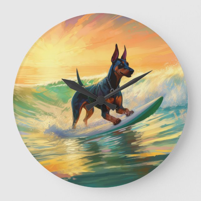 Grande Horloge Ronde Doberman Beach Surf Peinture (Recto)
