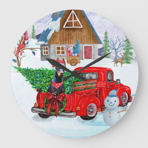 Grande Horloge Ronde Doberman Chien en Livraison Noël Camion Neige