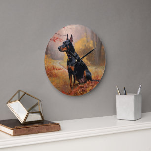 Grande Horloge Ronde Doberman en automne Feuilles automne Inspire