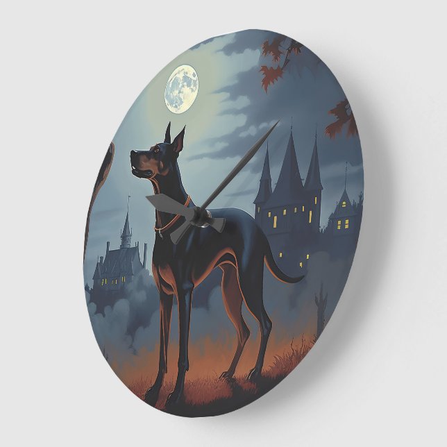Grande Horloge Ronde Doberman Halloween effraie (Angle)