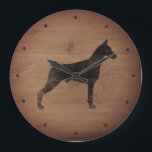 Grande Horloge Ronde Doberman Pinscher Silhouette Style rustique<br><div class="desc">Horloge murale de Dobie Lover. Veuillez noter que le design du bois est imprimé,  pas du bois réel.</div>