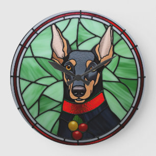 Grande Horloge Ronde Doberman Pinscher Vitrail de Noël
