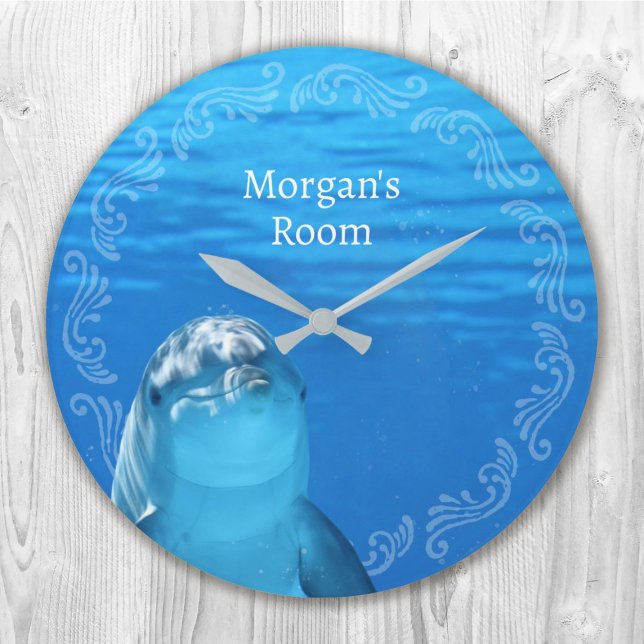 Grande Horloge Ronde Dolphin Blue Ocean Nom Modèle (Dolphin Blue Ocean Name Template Large Clock)