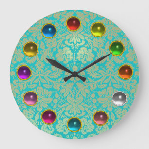 GRANDE HORLOGE RONDE DOMMAQUES TURQUOISES BLEU OR ET PIERRES DE GEM 3D