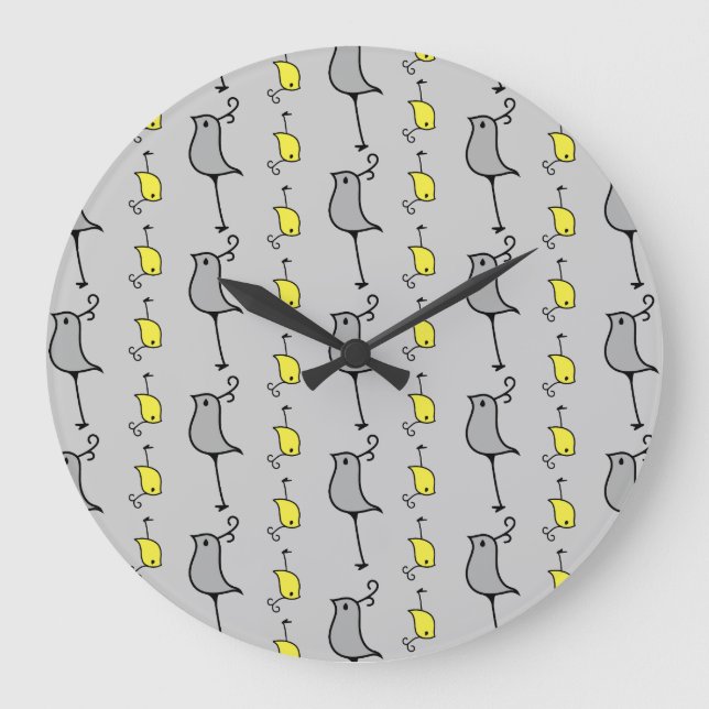 Grande Horloge Ronde Doodle Birds, Grey et Jaune (Recto)
