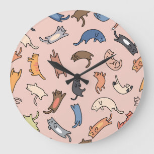 Grande Horloge Ronde Doodle Cats Vintage Illustration transparente