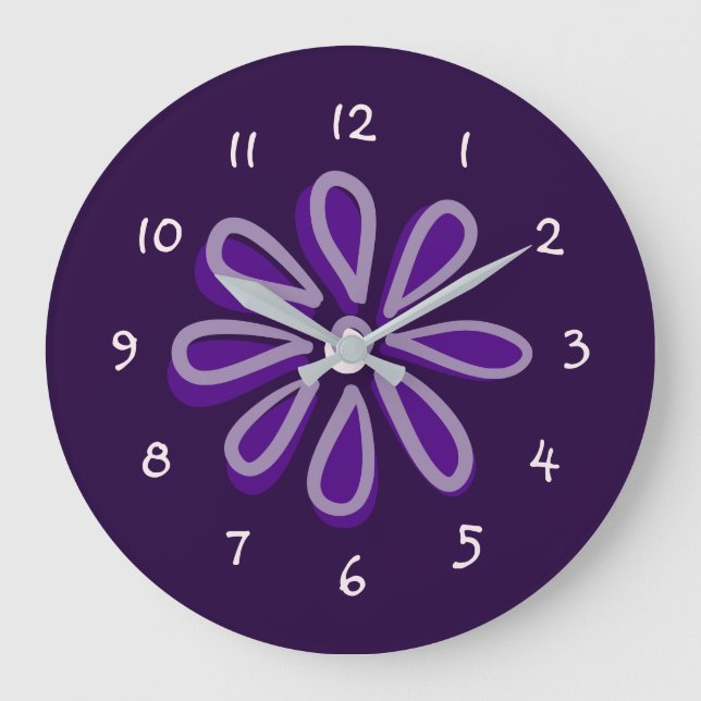 Grande Horloge Ronde Doodle de fleur violette chic (Recto)