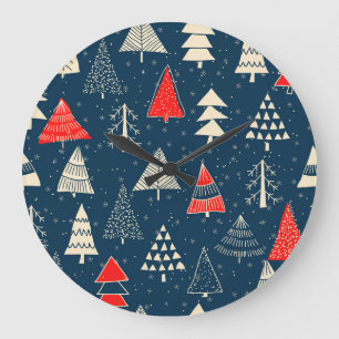 Grande Horloge Ronde Doodle de Noël, motif d'hiver sans soudure.