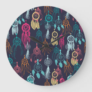 Grande Horloge Ronde Doodle ethnique rétro : Collection Dreamcatcher