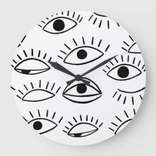 Grande Horloge Ronde Doodle eye, motif créatif sans couture.