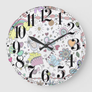 Grande Horloge Ronde Doodle Joie Joie Bonheur Bonheur