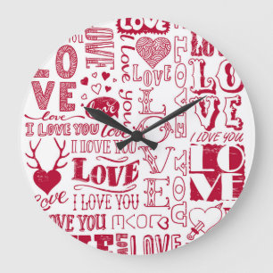 Grande Horloge Ronde Doodles d'amour à la main, charmant motif.