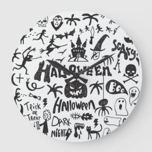 Grande Horloge Ronde Doodles de monstre d'Halloween amusant
