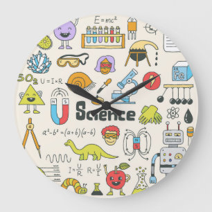 Grande Horloge Ronde Doodles de science : Ensemble d'écoles à main.