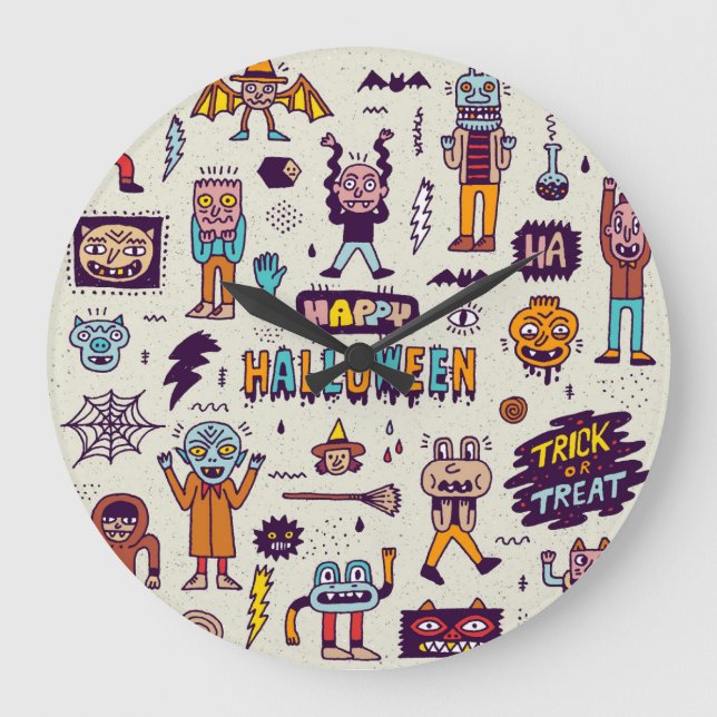 Grande Horloge Ronde Doodles d'Halloween, bande dessinée délirante sans (Recto)