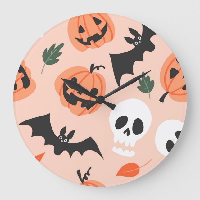 Grande Horloge Ronde Doodles d'Halloween, citrouilles, chauves-souris m (Recto)