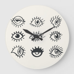 Grande Horloge Ronde Doodles oculaires vintages : Croquis tendance