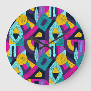 Grande Horloge Ronde Doodles rétro : pop art géométrique.