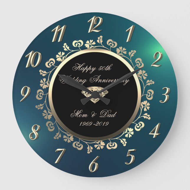 Grande Horloge Ronde Doré Diamant, 50e anniversaire Mariage vert (Recto)