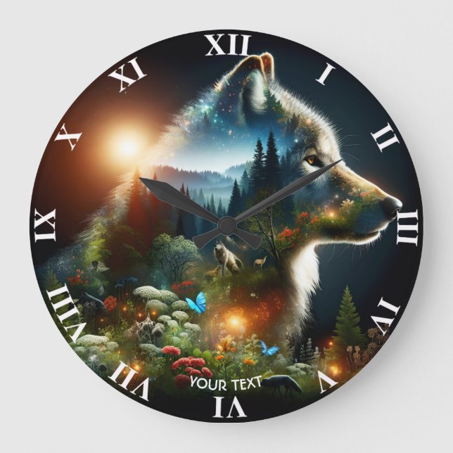 Grande Horloge Ronde Double exposition de loup mignon Imaginaire (Recto)