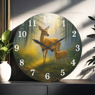 Grande Horloge Ronde Douce paire de cerfs dans une forêt ensoleillée