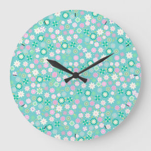 Grande Horloge Ronde Doux rose blanc Turquoise mousseux motif floral