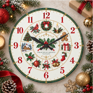 Grande Horloge Ronde Douze Jours de Noël Vintage Rouge Vert Fêtes
