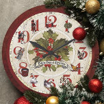 Grande Horloge Ronde Douze jours vintages de Noël<br><div class="desc">Design de vacances fantastique et festif avec des éléments traditionnels de la chanson de vacances classique bordant un visage d'horloge antique avec des aiguilles d'horloge,  saint et bannière de titre au centre. Arrière - plan et dos est en damas floral rouge en détresse.</div>