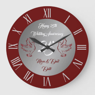 Grande Horloge Ronde Dove Personnaliser Joyeux Argent 25e Anniversaire