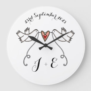 Grande Horloge Ronde Doves blanches personnalisées Mariage Cadeau Acryl