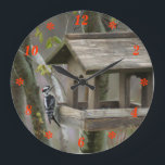 Grande Horloge Ronde Downy Woodpecker<br><div class="desc">Personalize this cute clock if you wish for any bird watcher as a vend. Other choices include choosing a square or round shape {2 sizes};and changing the font {numbers} style, size, and color or delete all the numbers for a clock with no numbers. go to my BIRDS SECTION to see...</div>