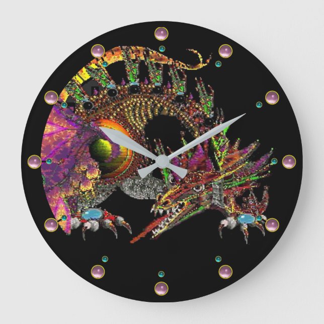 Grande Horloge Ronde DRAGO/Fantasy Gold Dragon In Black Pink Gemstones (Recto)