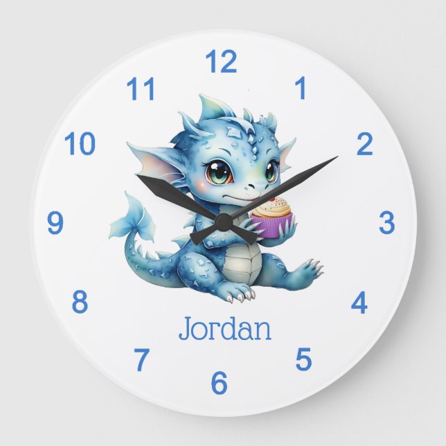 Grande Horloge Ronde Dragon Bébé Bleu Mange un Cupcake (Recto)