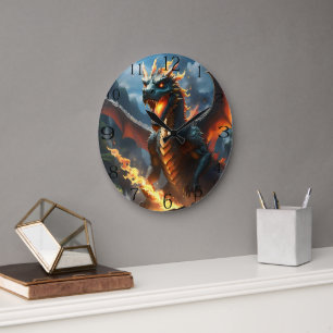 Grande Horloge Ronde Dragon de respiration par le feu effrayant,