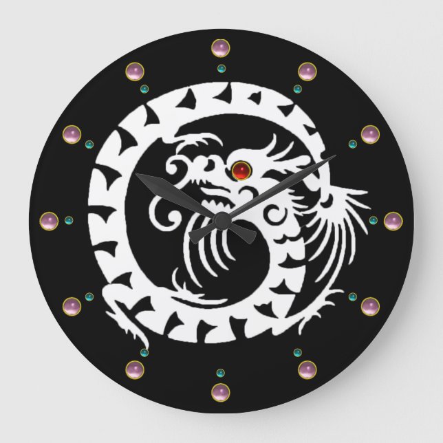 GRANDE HORLOGE RONDE DRAGON DE SERPINS BLANCS EN NOIR, PIERRES ROSES (Recto)