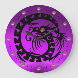 GRANDE HORLOGE RONDE DRAGON DE SERPINS NOIRS AVEC PIERRES ROSES