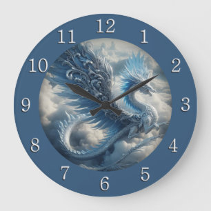 Grande Horloge Ronde Dragon Époustouflant Entouré de Nuages Chiffres Bl