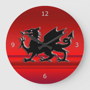 Grande Horloge Ronde Dragon gallois noir stylisé à effet métallique rou