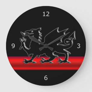 Grande Horloge Ronde Dragon gallois noir stylisé, effet métallique roug