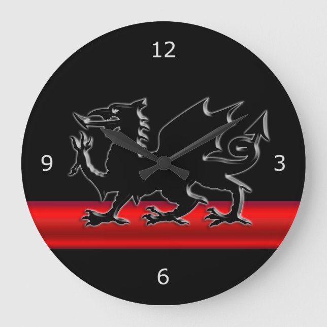 Grande Horloge Ronde Dragon gallois noir stylisé, effet métallique roug (Recto)
