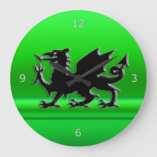 Grande Horloge Ronde Dragon gallois noir stylisé, effet métallique vert