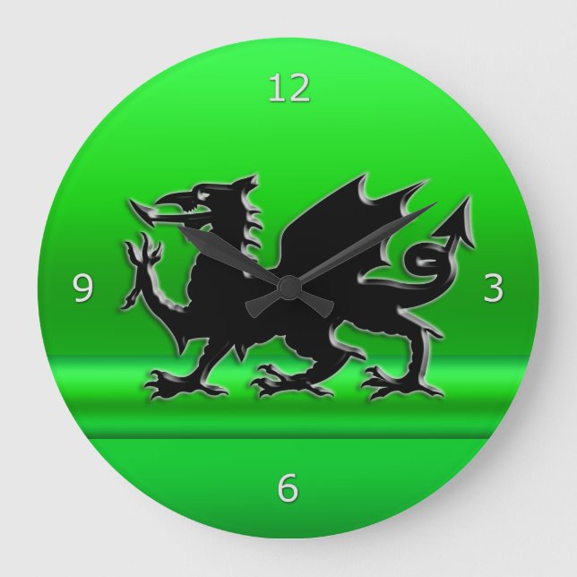 Grande Horloge Ronde Dragon gallois noir stylisé, effet métallique vert (Recto)