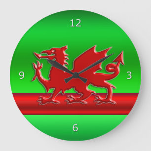 Grande Horloge Ronde Dragon gallois stylisé rouge sur un look métalliqu